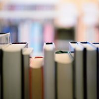 Public library bookshelf seen from inside