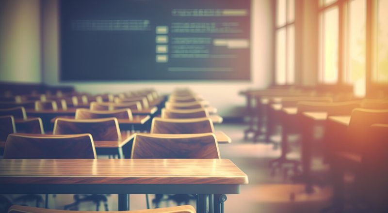Empty defocused university classroom. generative ai. Blurred school classroom without students with empty chairs and tables. Business conference room